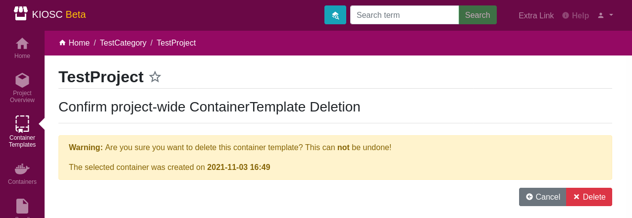 Confirm container template deletion