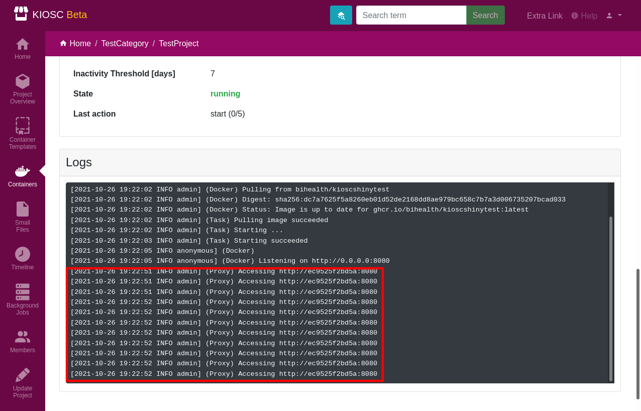 Details of a running container, proxy access
