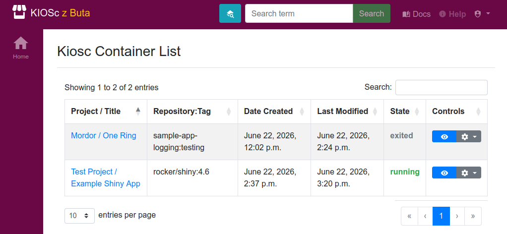 The main view of the containerlist app: a table of all your containers.