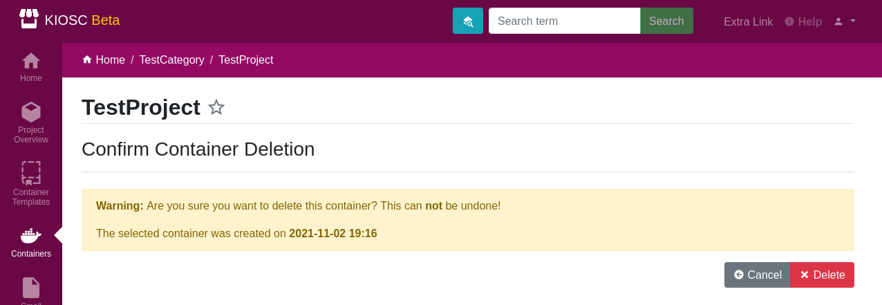 Confirmation for deleting a container
